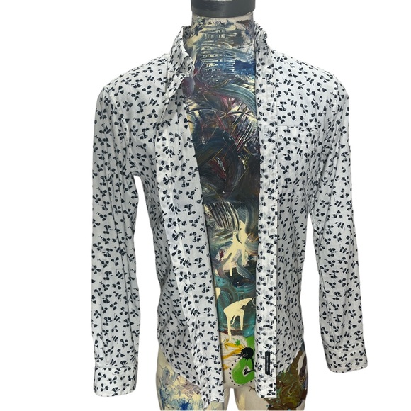 Club Monaco Navy Blue Floral Print White Long Sleeve Button Up. Slim Fit Med - Picture 5 of 12